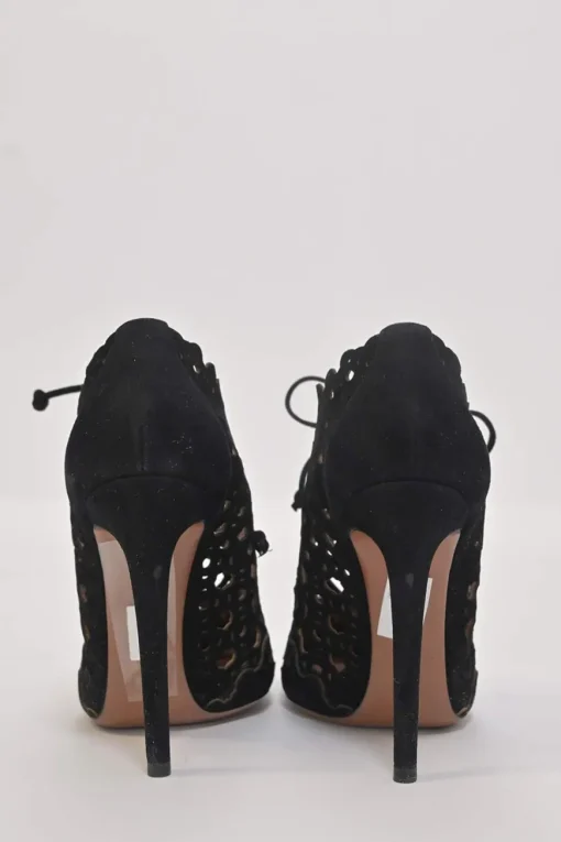 Black scalloped laser-cut suede round-toe lace-up heeled booties