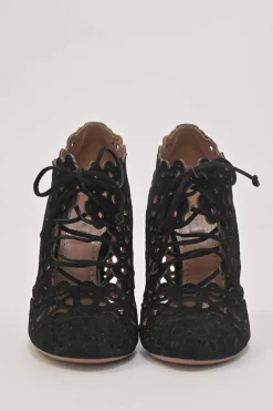 Black scalloped laser-cut suede round-toe lace-up heeled booties