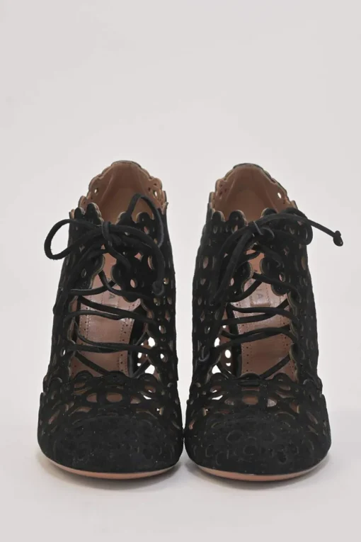 Black scalloped laser-cut suede round-toe lace-up heeled booties