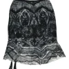 Black semi-sheer abstract print ruched nylon tassel mini skirt with flounce hem
