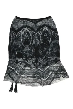 Black semi-sheer abstract print ruched nylon tassel mini skirt with flounce hem