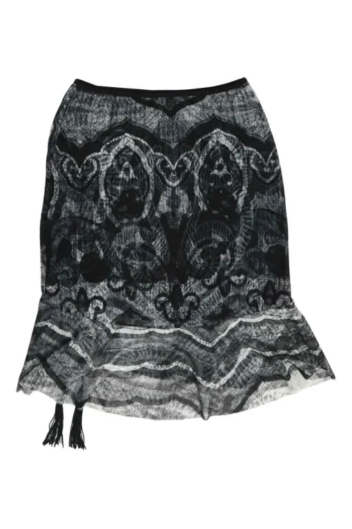 Black semi-sheer abstract print ruched nylon tassel mini skirt with flounce hem