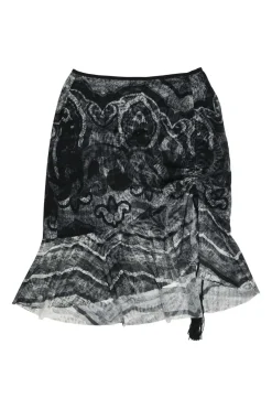 Black semi-sheer abstract print ruched nylon tassel mini skirt with flounce hem