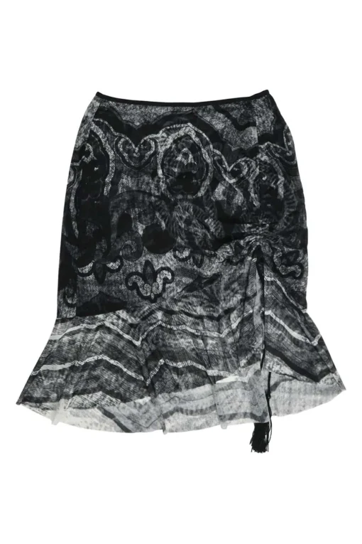 Black semi-sheer abstract print ruched nylon tassel mini skirt with flounce hem