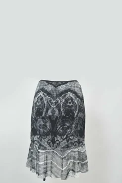 Black semi-sheer abstract print ruched nylon tassel mini skirt with flounce hem