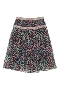 Black semi-sheer silk ditsy floral print A-line mini skirt