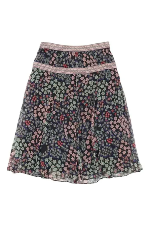 Black semi-sheer silk ditsy floral print A-line mini skirt