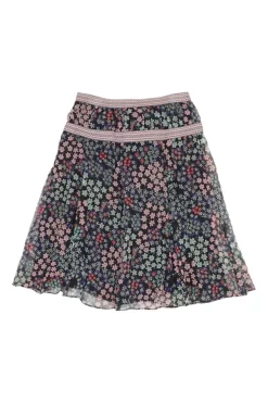 Black semi-sheer silk ditsy floral print A-line mini skirt