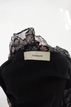 Black semi-sheer silk ditsy floral print A-line mini skirt