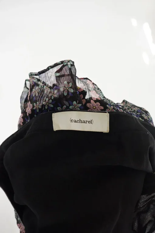 Black semi-sheer silk ditsy floral print A-line mini skirt