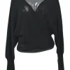 Black semi-sheer virgin wool interlock jersey knit wrap-front tie-waist batwing sleeve cardigan