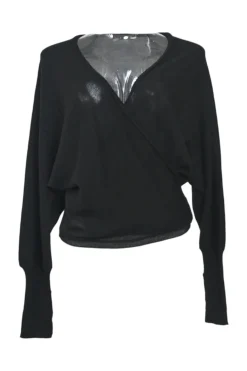 Black semi-sheer virgin wool interlock jersey knit wrap-front tie-waist batwing sleeve cardigan