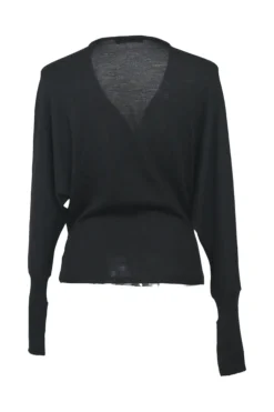 Black semi-sheer virgin wool interlock jersey knit wrap-front tie-waist batwing sleeve cardigan