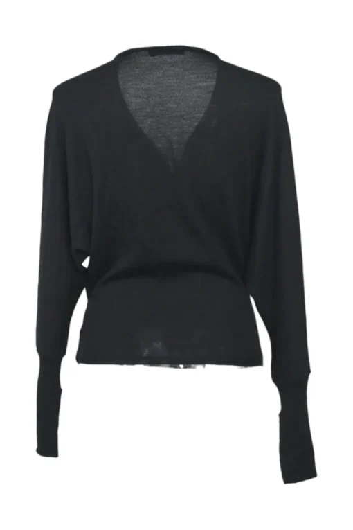 Black semi-sheer virgin wool interlock jersey knit wrap-front tie-waist batwing sleeve cardigan