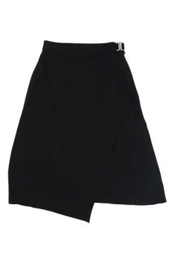 Black silk asymmetric apron-style wrap-front A-line skirt with pull tab fastening at side