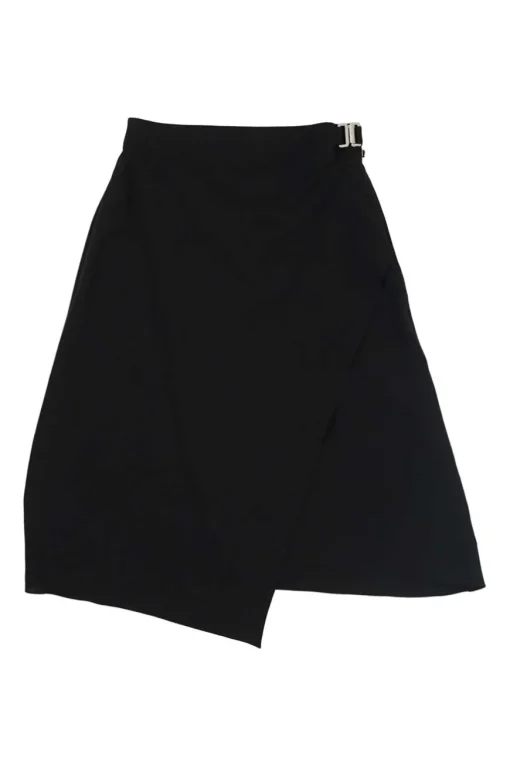 Black silk asymmetric apron-style wrap-front A-line skirt with pull tab fastening at side