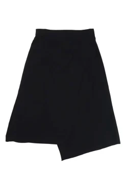 Black silk asymmetric apron-style wrap-front A-line skirt with pull tab fastening at side