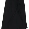 Black silk draped wrap-front apron-style ruched asymmetric midi skirt