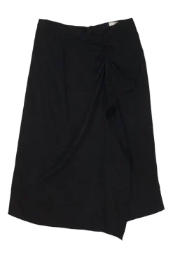 Black silk draped wrap-front apron-style ruched asymmetric midi skirt