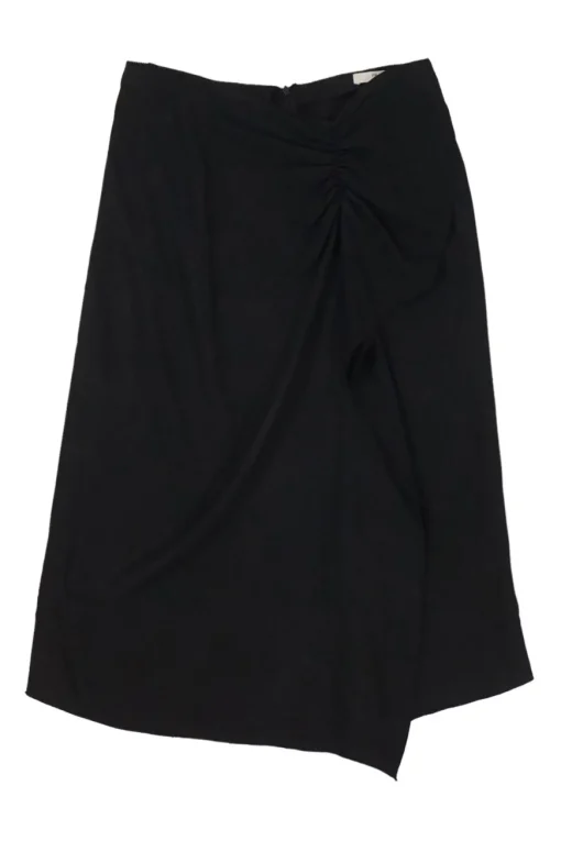 Black silk draped wrap-front apron-style ruched asymmetric midi skirt