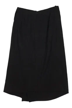 Black silk draped wrap-front apron-style ruched asymmetric midi skirt