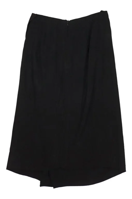 Black silk draped wrap-front apron-style ruched asymmetric midi skirt