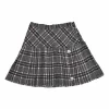 Black silk Glen check tweed pull-on mid-rise drop-waist pleated skirt with coat of arms shank buttons