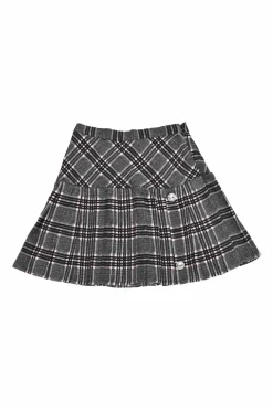 Black silk Glen check tweed pull-on mid-rise drop-waist pleated skirt with coat of arms shank buttons