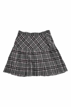 Black silk Glen check tweed pull-on mid-rise drop-waist pleated skirt with coat of arms shank buttons