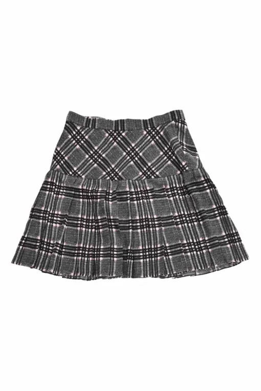 Black silk Glen check tweed pull-on mid-rise drop-waist pleated skirt with coat of arms shank buttons