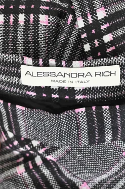Black silk Glen check tweed pull-on mid-rise drop-waist pleated skirt with coat of arms shank buttons
