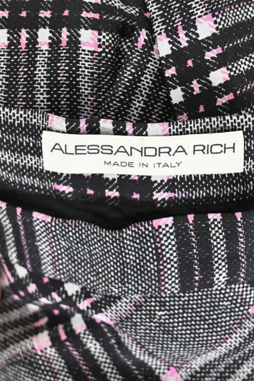 Black silk Glen check tweed pull-on mid-rise drop-waist pleated skirt with coat of arms shank buttons