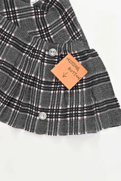 Black silk Glen check tweed pull-on mid-rise drop-waist pleated skirt with coat of arms shank buttons