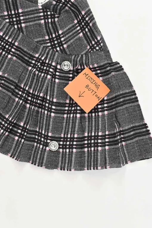 Black silk Glen check tweed pull-on mid-rise drop-waist pleated skirt with coat of arms shank buttons
