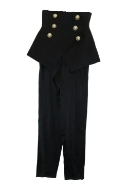 Black silk knit bustier and wrap-front empire waist trousers with signature coat of arms shank buttons