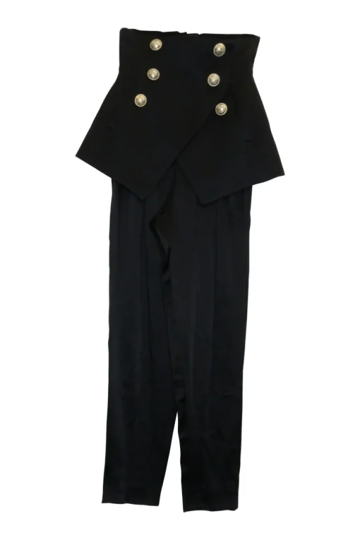 Black silk knit bustier and wrap-front empire waist trousers with signature coat of arms shank buttons