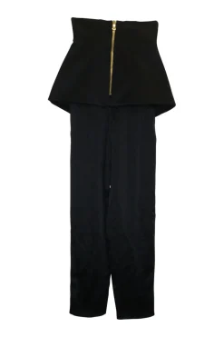 Black silk knit bustier and wrap-front empire waist trousers with signature coat of arms shank buttons