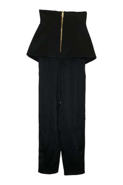 Black silk knit bustier and wrap-front empire waist trousers with signature coat of arms shank buttons