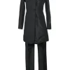 Black silk single breasted shawl lapel tailored coat and low-rise straight-leg trouser suit set