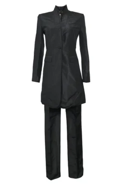 Black silk single breasted shawl lapel tailored coat and low-rise straight-leg trouser suit set