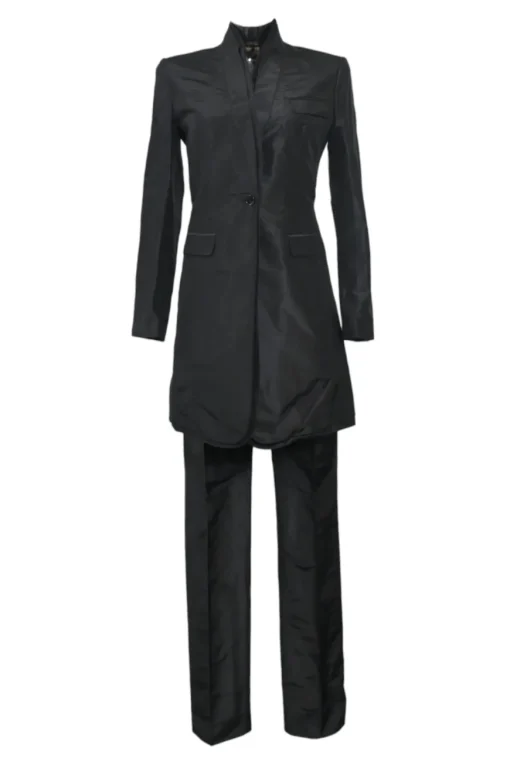 Black silk single breasted shawl lapel tailored coat and low-rise straight-leg trouser suit set