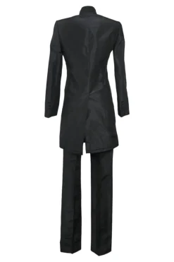 Black silk single breasted shawl lapel tailored coat and low-rise straight-leg trouser suit set