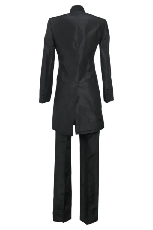 Black silk single breasted shawl lapel tailored coat and low-rise straight-leg trouser suit set