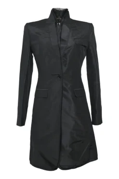 Black silk single breasted shawl lapel tailored coat and low-rise straight-leg trouser suit set