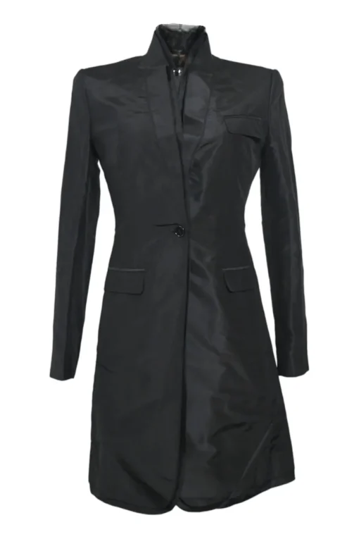 Black silk single breasted shawl lapel tailored coat and low-rise straight-leg trouser suit set