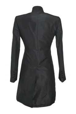 Black silk single breasted shawl lapel tailored coat and low-rise straight-leg trouser suit set