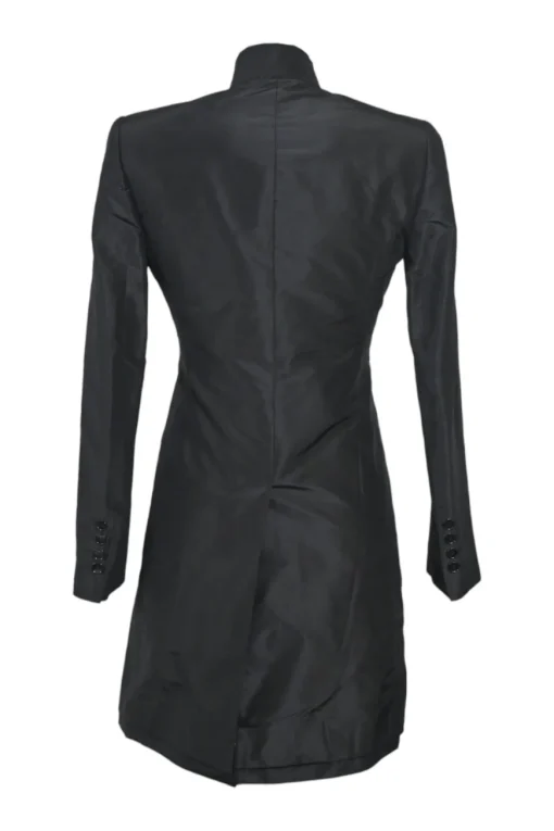 Black silk single breasted shawl lapel tailored coat and low-rise straight-leg trouser suit set