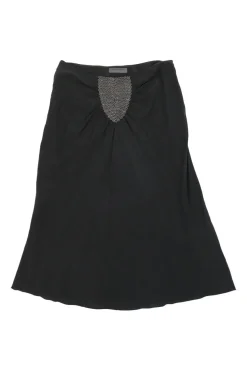 Black silk smocked flounce knee-length skirt