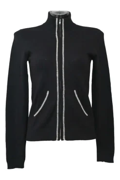 Black silk-cashmere blend intarsia knit funnel collar zip-up cardigan featuring symbol motif at centre back