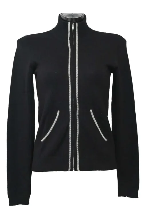 Black silk-cashmere blend intarsia knit funnel collar zip-up cardigan featuring symbol motif at centre back